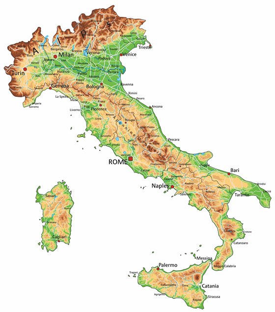 Карта рельефа Италии