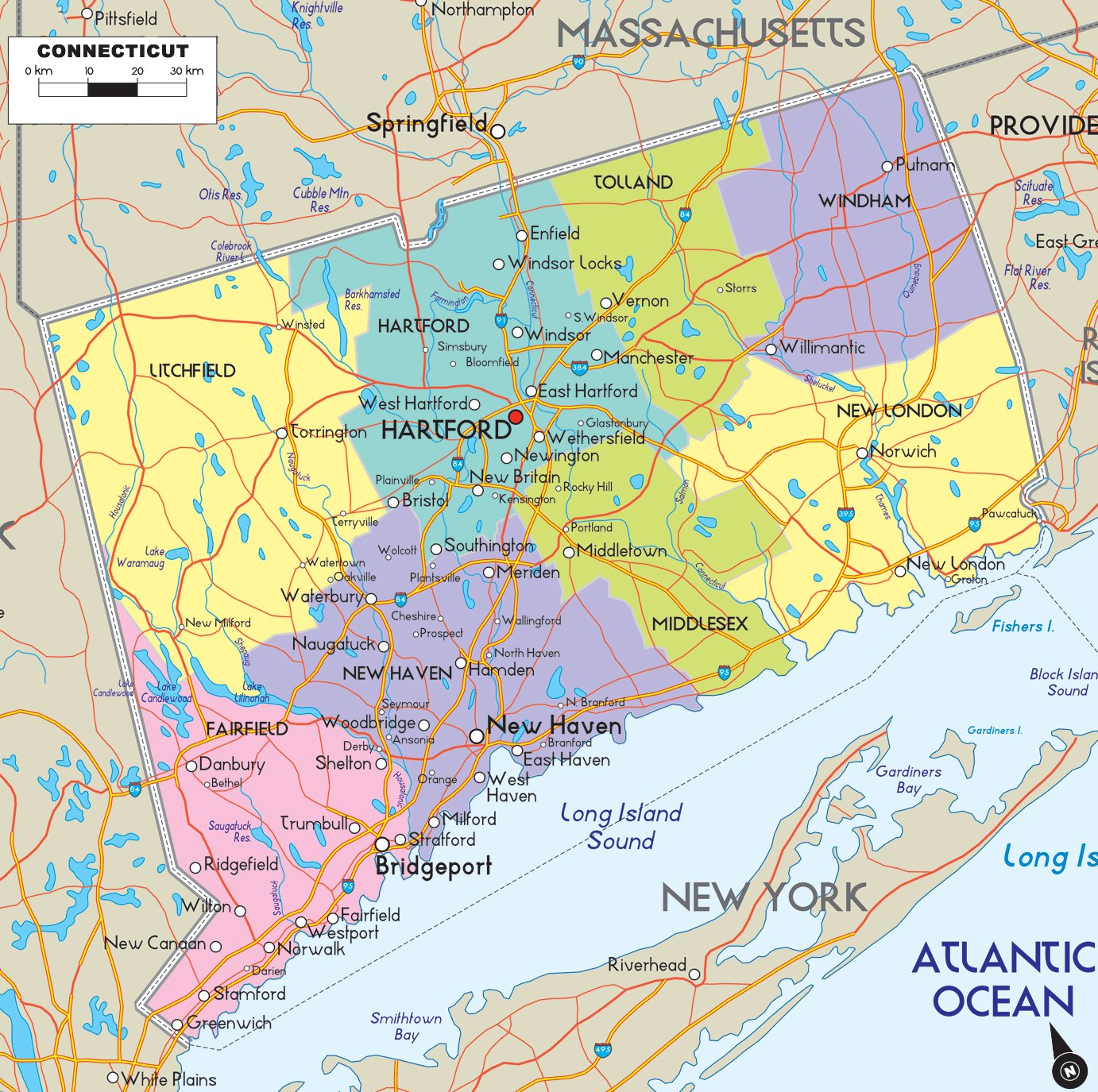 Коннектикут на карте, США. Точное время, ближайшие города