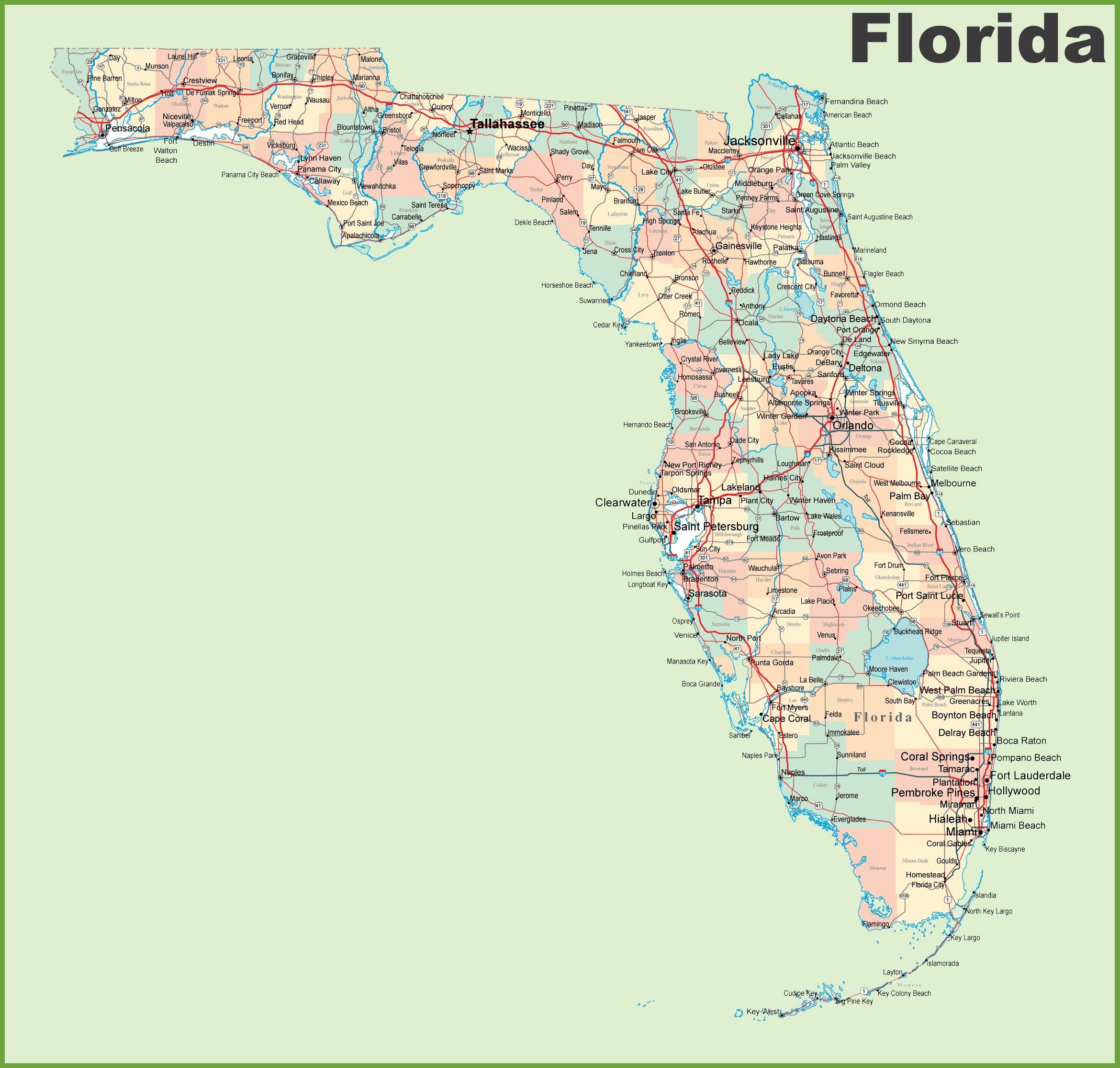 Stadtplan von Florida Detaillierte gedruckte Karten von Florida USA