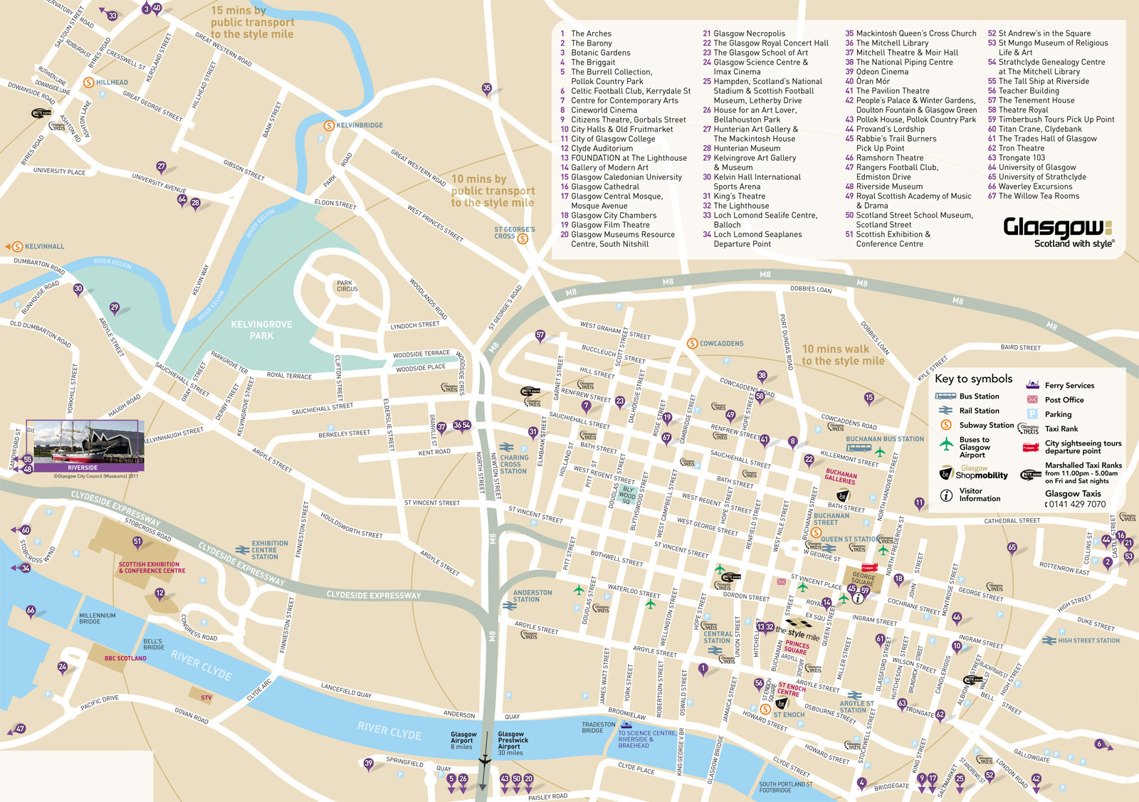 Gratis Glasgow Stadtplan mit Sehenswürdigkeiten zum Ausdrucken