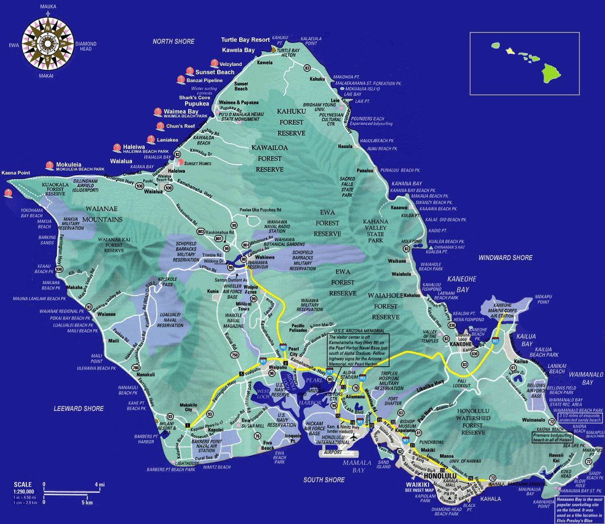 Cartes de Oahu Cartes typographiques détaillées de Oahu (EtatsUnis