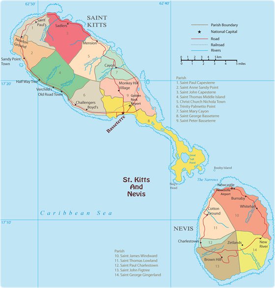 Large map of St Kitts and Nevis