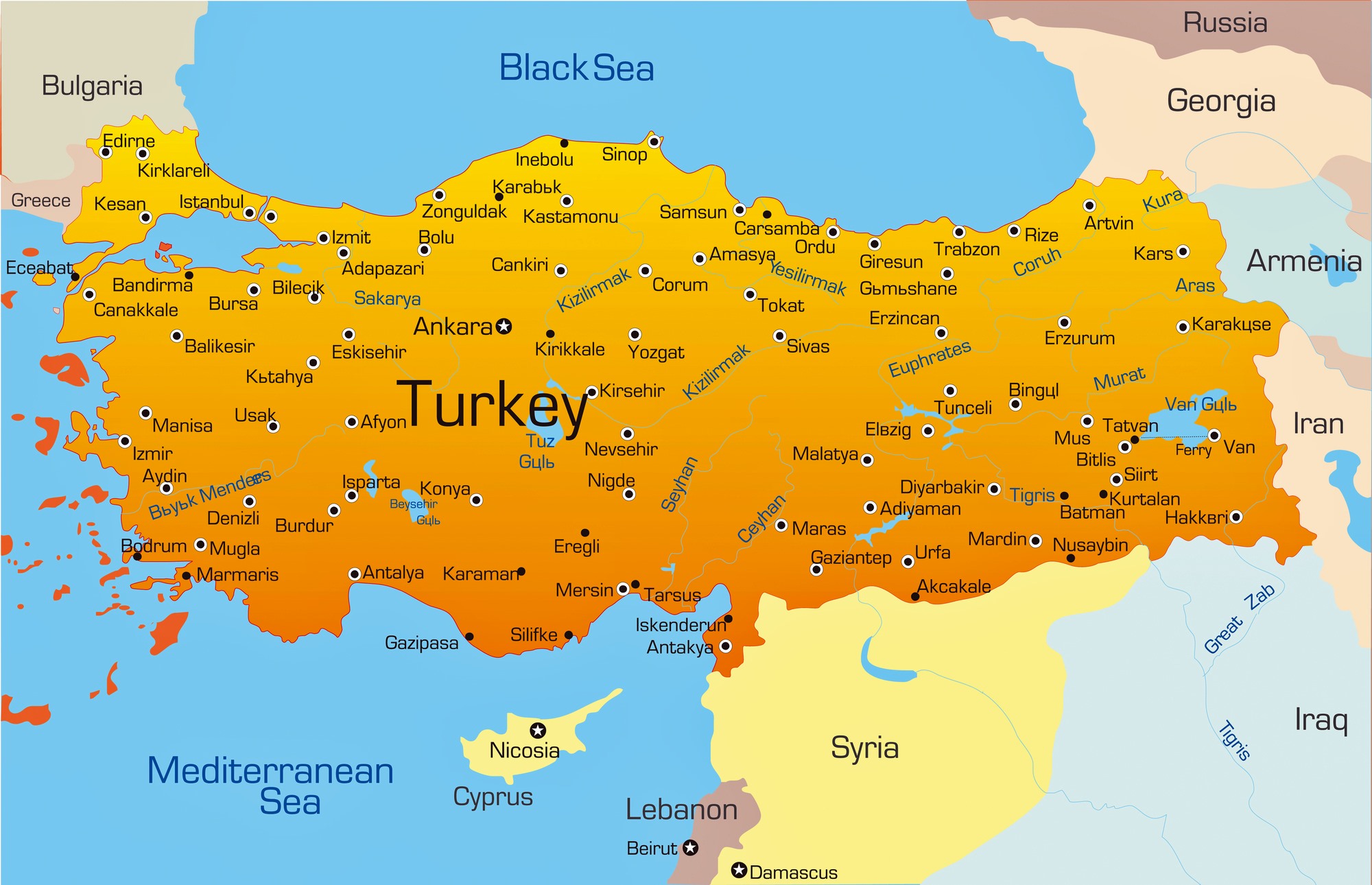 Mapa de ciudades de Turquía - OrangeSmile.com