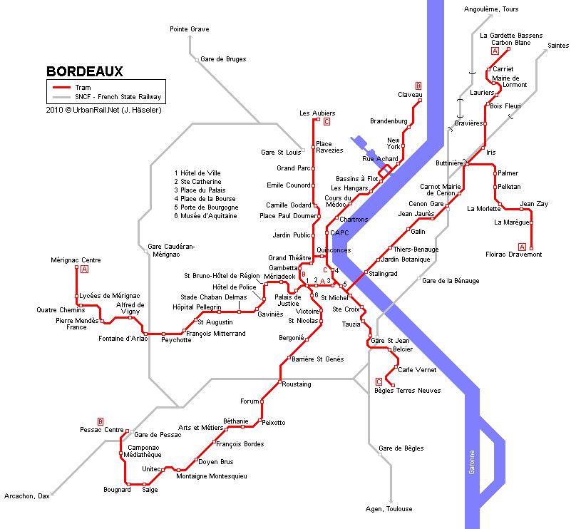 Bordeaux Tram Map for Free Download | Map of Bordeaux Tramway Network